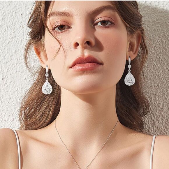 14K White Gold with White Diamond Cubic Zirconia Teardrop Hook Dangle Earrings - Picture 3 of 5